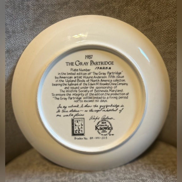 The Gray Partridge By Artist Wayne Anderson - Vintage 1987 Collectible Plate - Picture 2 of 4